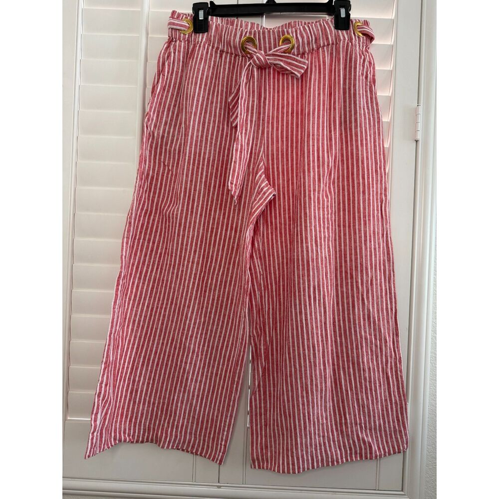 Michael Kors Red Striped Linen Cotton Wide Leg Crop Pants Size 10